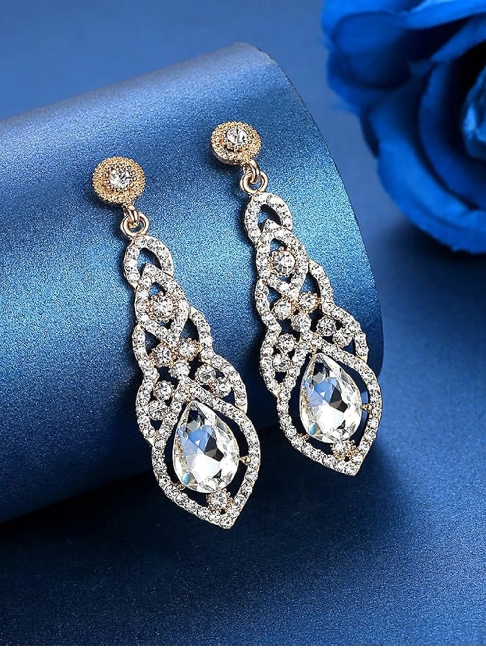 Anthropologie Gold Tone and Clear Crystal Teardrop Dangle Earrings